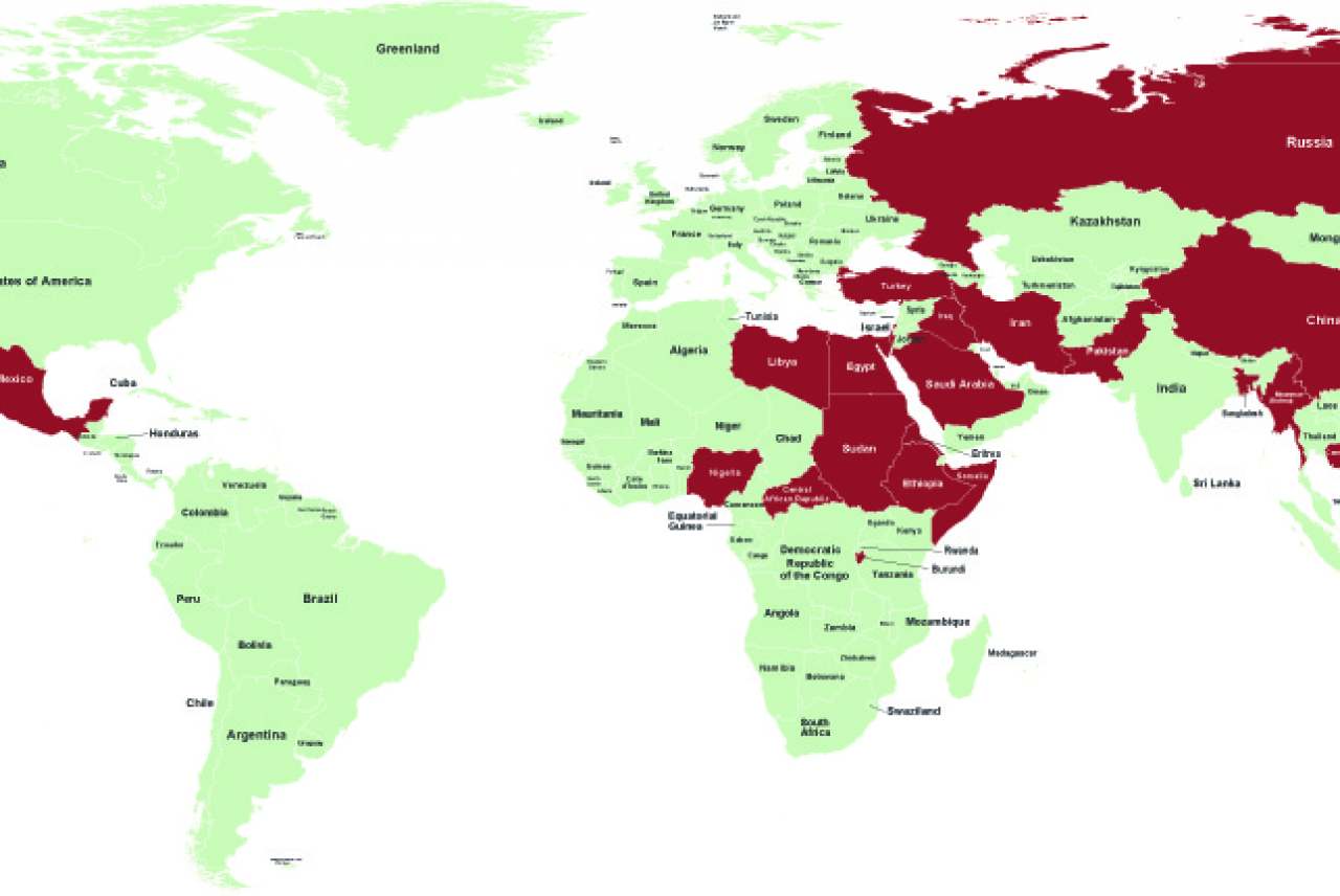 map: world with oppressive regimes marked in red