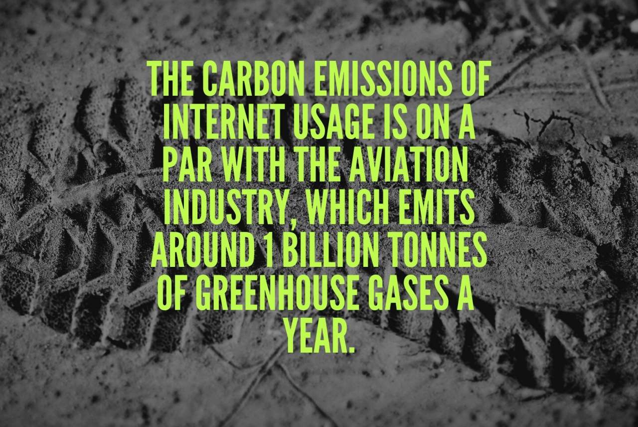 image: footprint in background foregrounded by text: the carbon emissions of internet usage is on par with the aviation industry, which emits around 1 billion tonnes of greenhouse gases a year