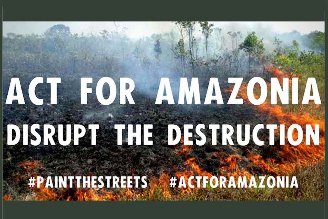 text over image: Act for amazonia disrupt the destruction paint the streets