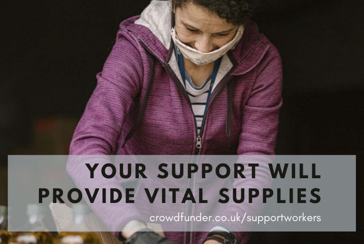 image: worker with mask on in southern spain text: your support will provide vital supplies 