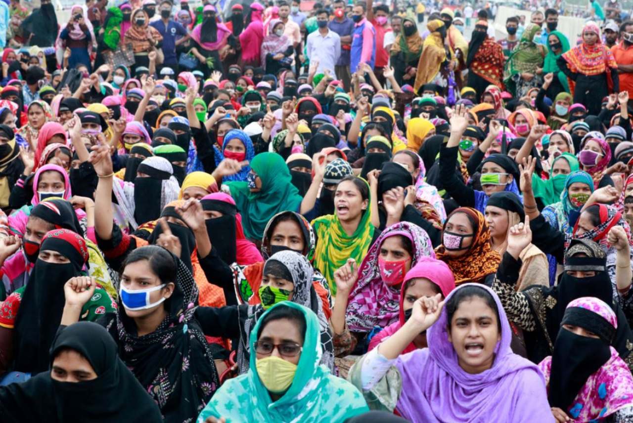 Crowd of Asian women protesting