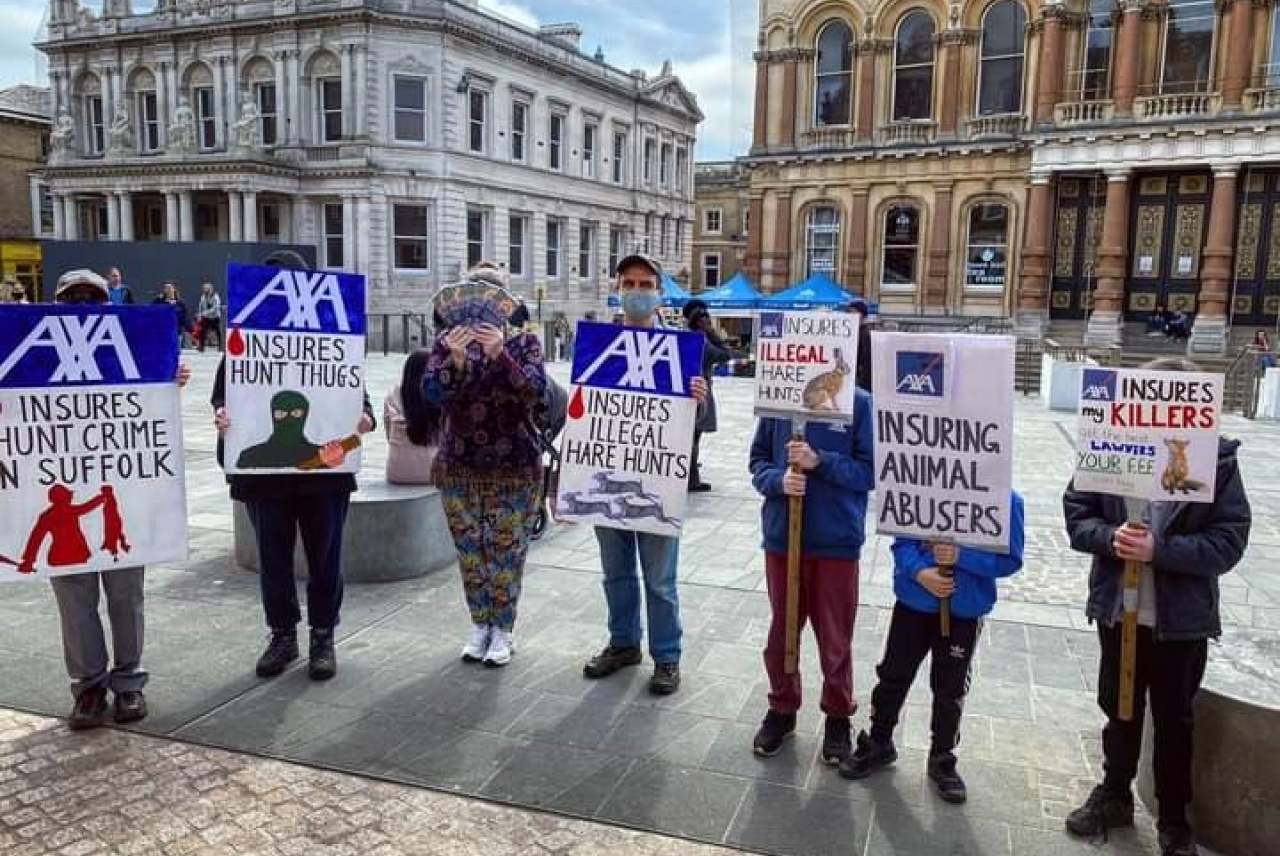 Protest against AXA by hunt saboteurs