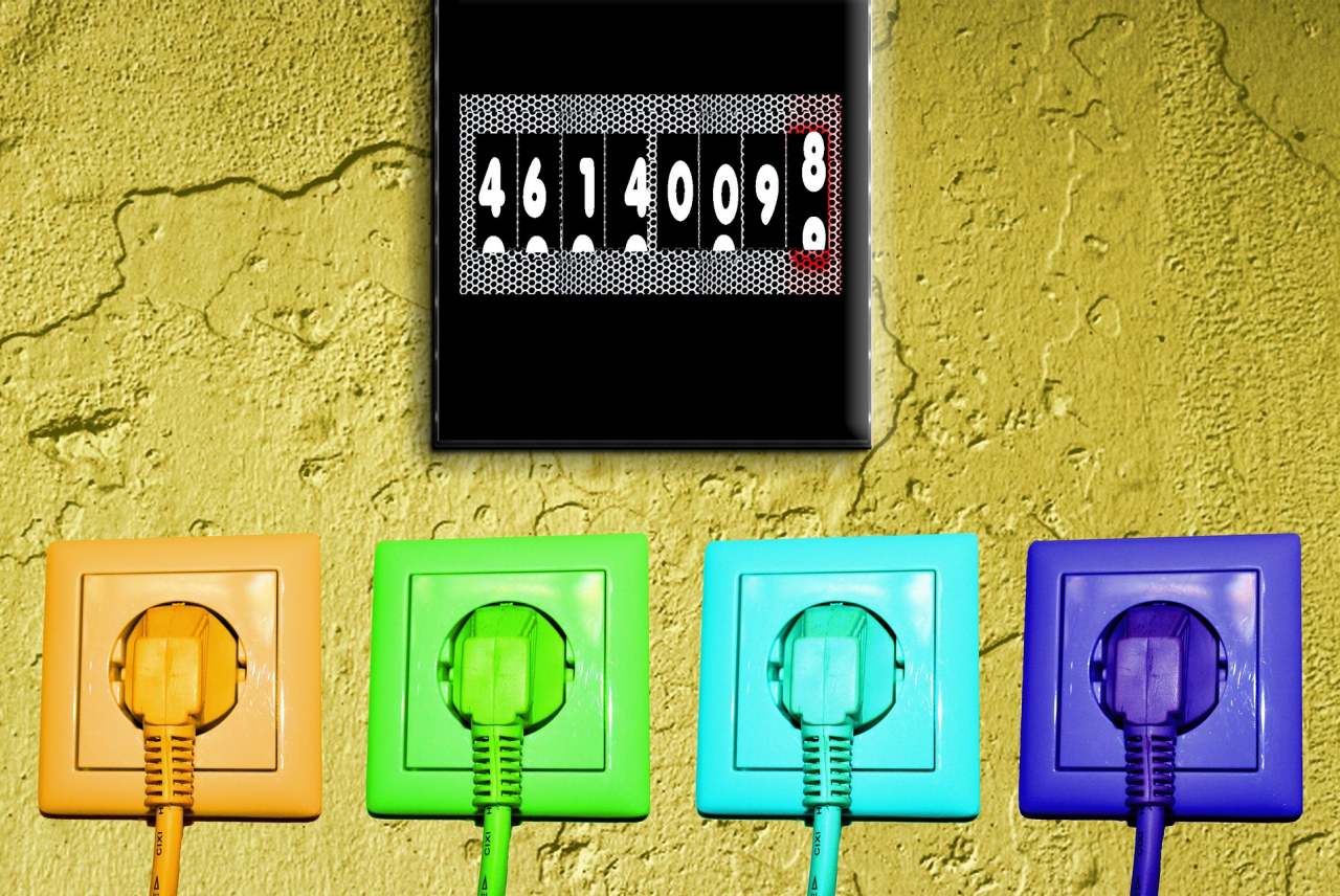 Four coloured power sockets and energy meter reading