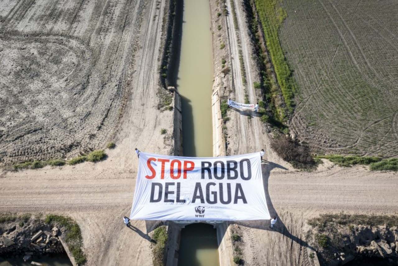 Ariel photo of a banner in Spanish which says "Stop Water Theft" being held over water channel in fields