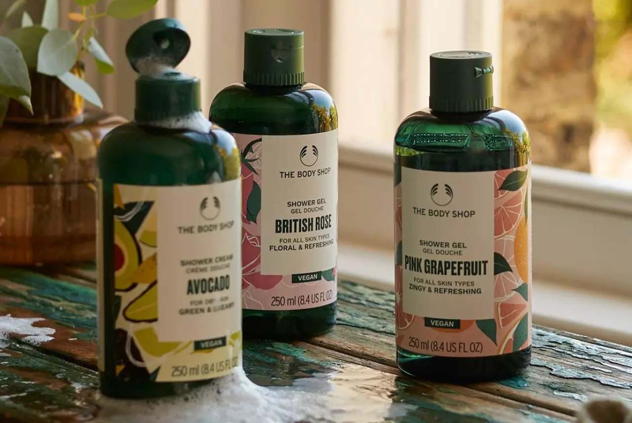 Three bottles of Body Shop products