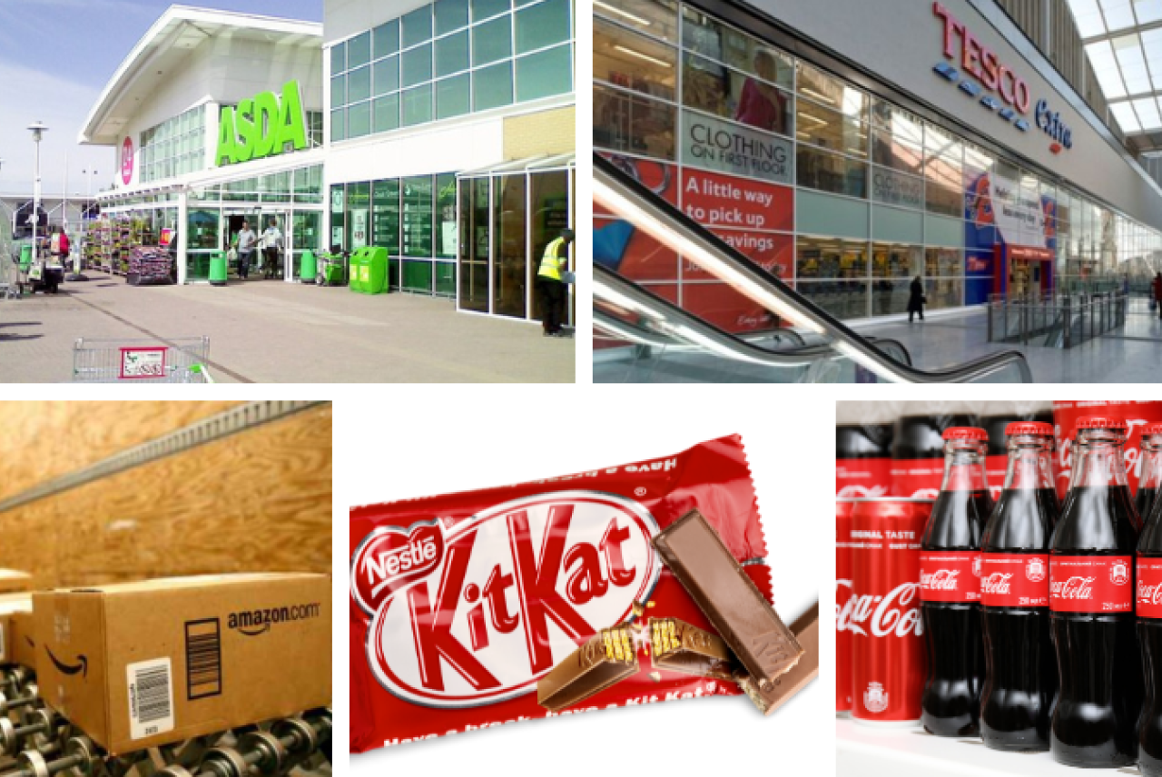 Five images of Asda, Tesco, Amazon.com, Kitkat Nestle, and Coca Cola