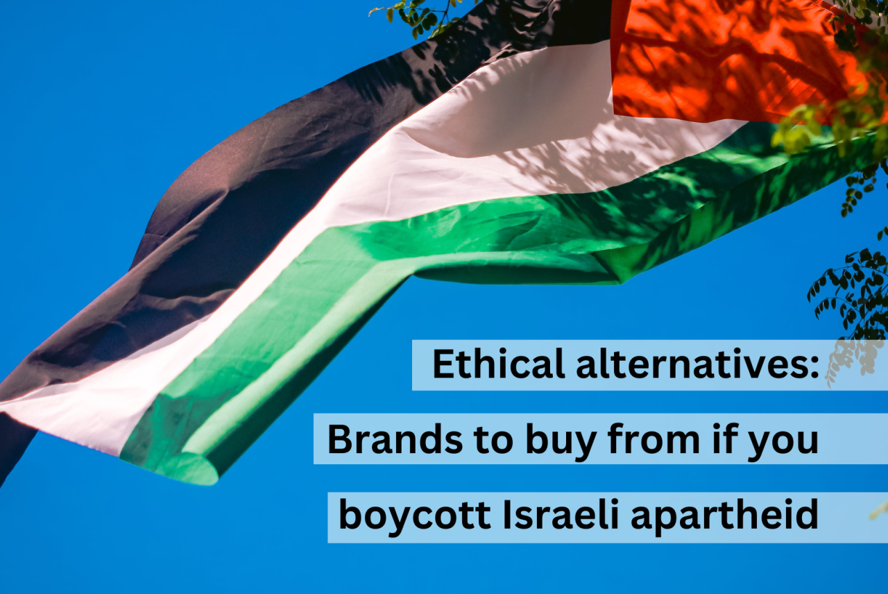 Ethical alternatives: brands to buy from it you boycott Israeli apartheid. Palestine flag blowing in wind against blue sky.
