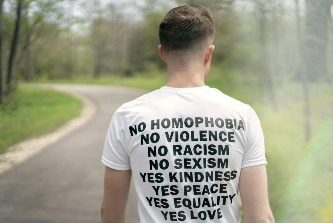 T-shirt with words like no racism and no sexism, yes to equality
