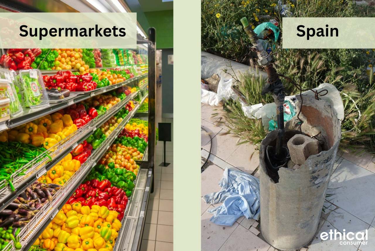 Contrasting images of fresh vegetables in shop and broken outdoor water tap
