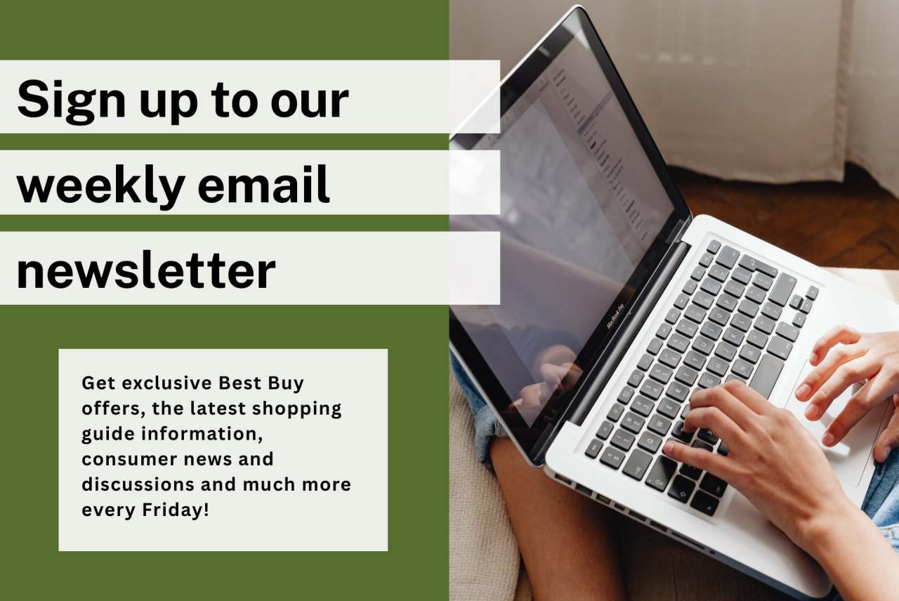 Image of person's hands on laptop. Wording 'sign up to our weekly email newsletter'