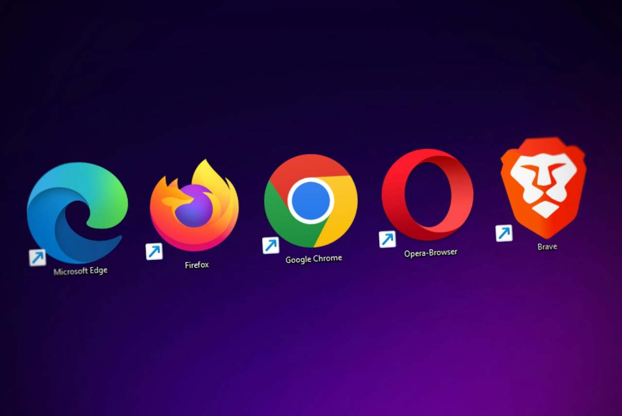Logos of five different browsers: Edge, Firefox, Chrome, Opera, Brave