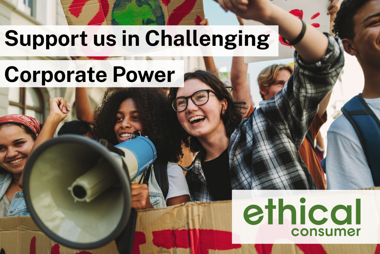 Group of people with tanoy protesting. Support us in Challenging Corporate Power