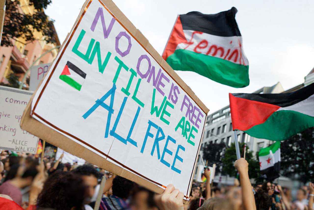 Placcard reads 'no one is free until we are all free' with Palestine flags in the background