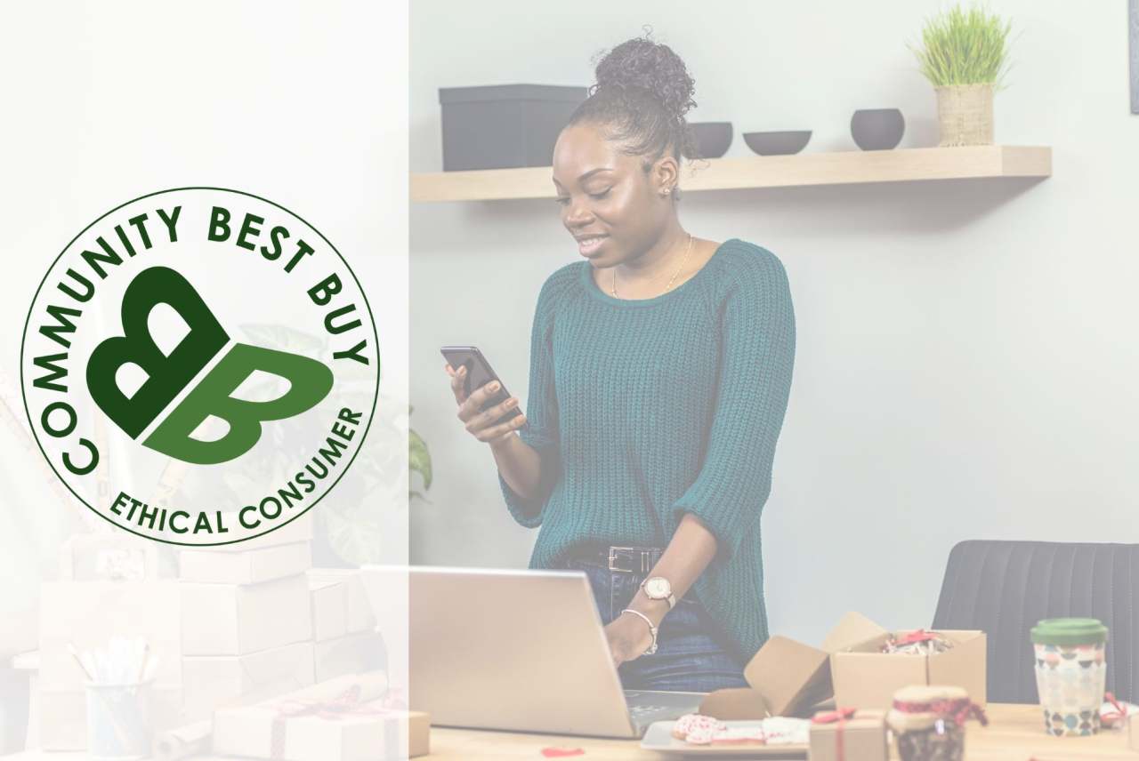 Image of woman with small packages and laptop, overlaid by Community Best Buy Label logo 