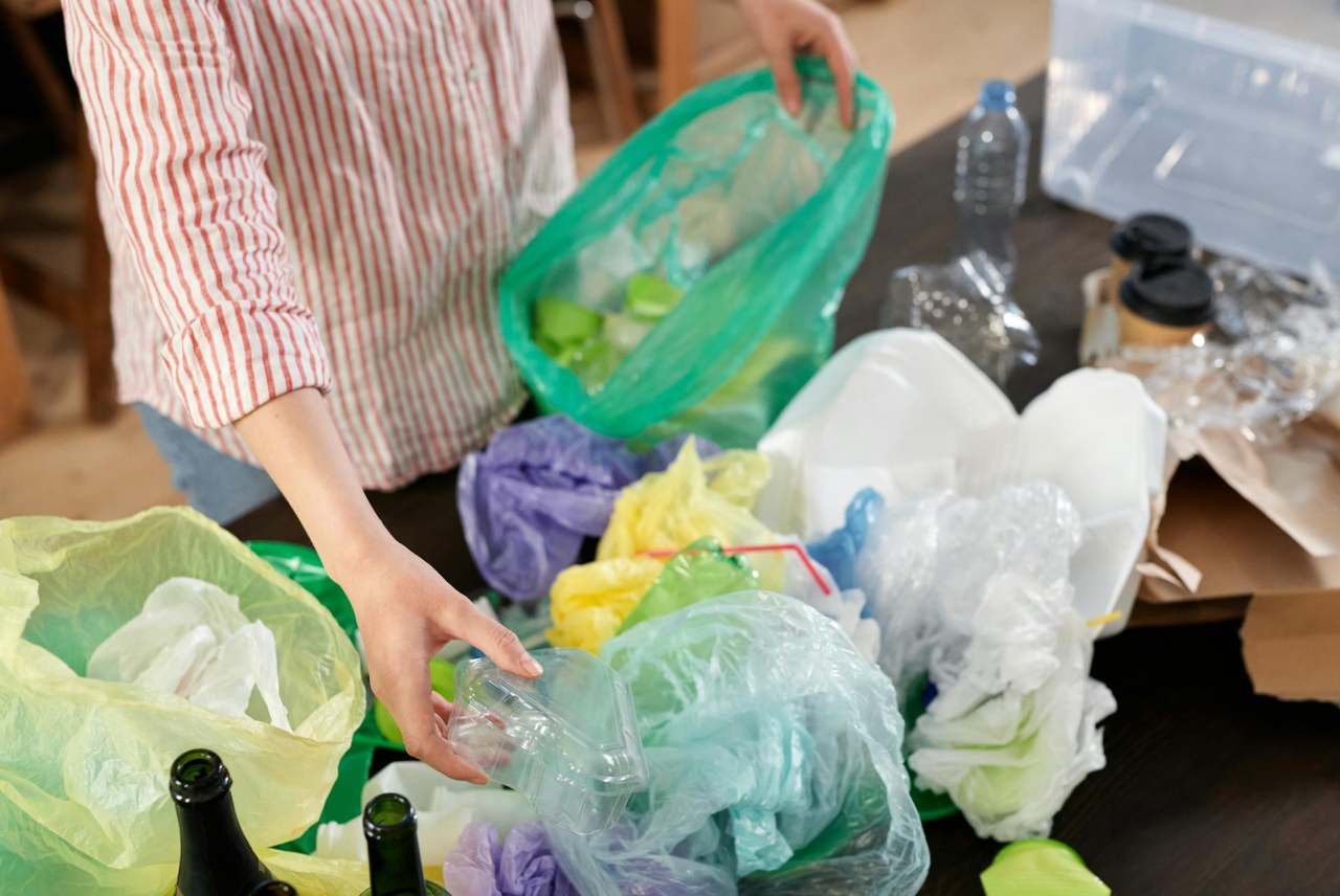 Person sorting plastic bags and packaging at home