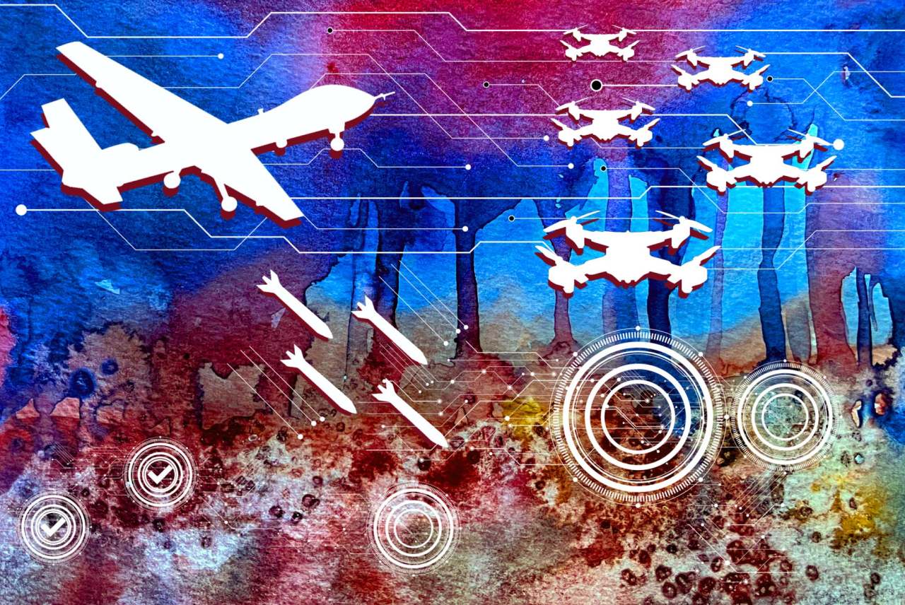 White silhouettes of a UAV, drones, and missiles with red shadows atop a vibrant and chaotic watercolor background. Circuit and target graphics suggest open and hit targets. 