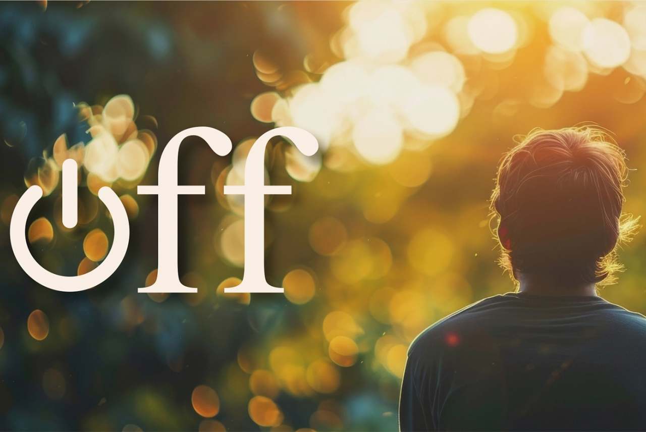 View of back of someone's head and back, sitting in dappled sunlight in woods, with the word 'off' overlaid, with the 'o' as the symbol for power button