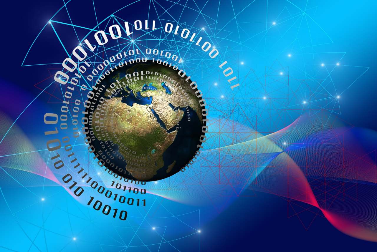 A picture of planet Earth with binary data 0 and 1s around it, on blue abstract background