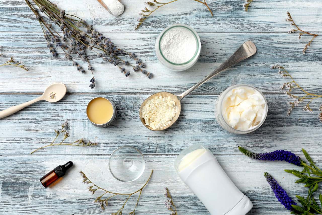 Aerial view of ingredients to make natural deodorant