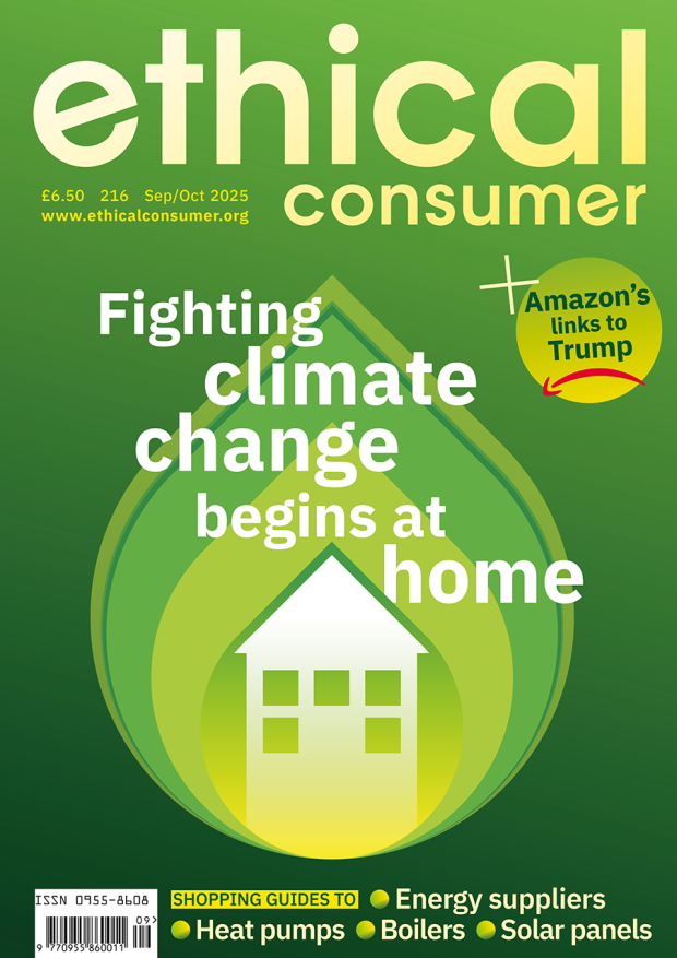 Cover of Ethical Consumer magazine, Issue 216. Headline - Fighting climate change begins at home