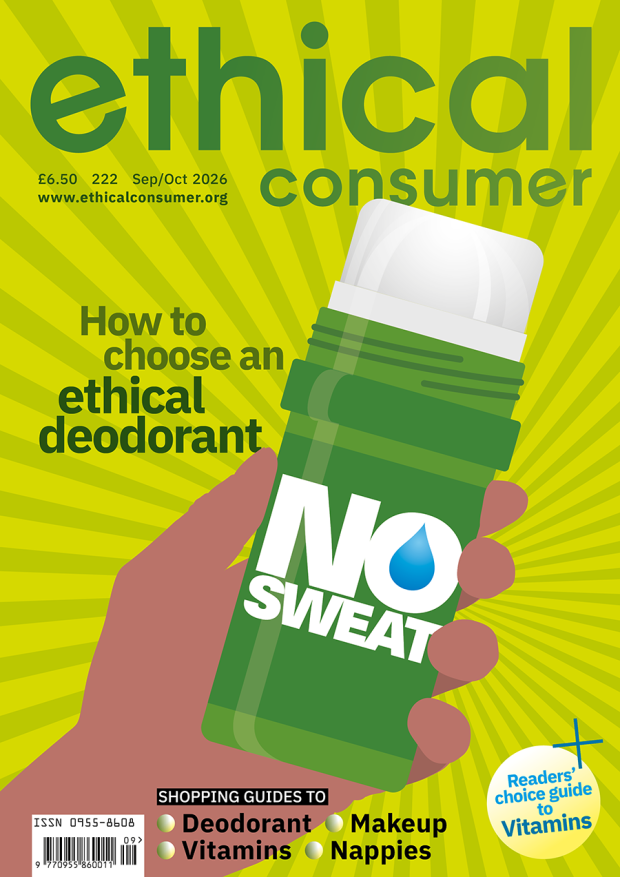 Front cover of Ethical Consumer Magazine issue 222 with deodorant bottle