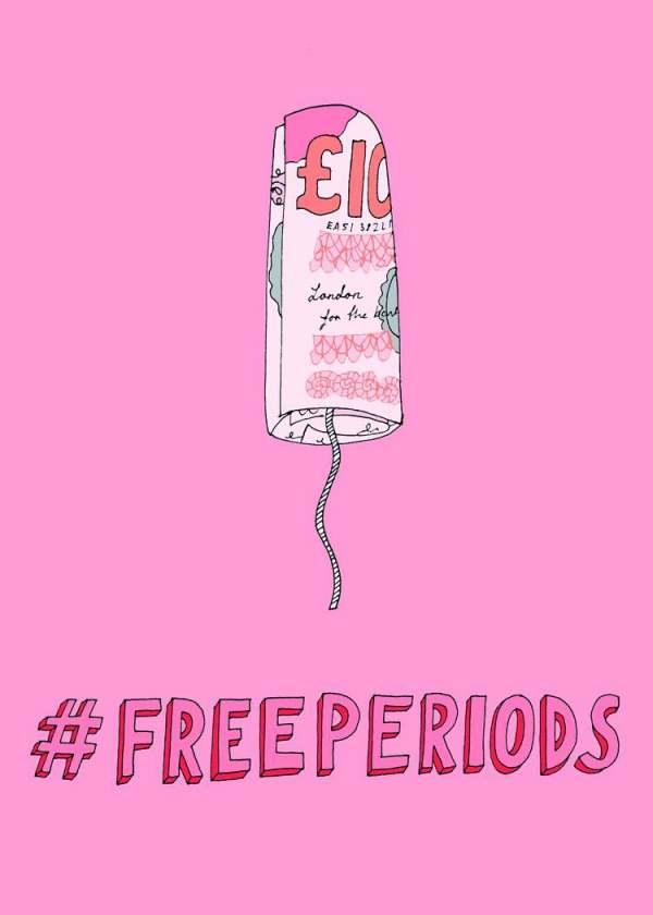 Cartoon image: pink money tampon hashtag free periods