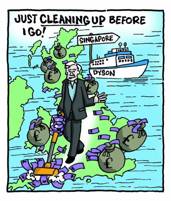 Cartoon of James Dyson sweeping up cash and leaving Britain 