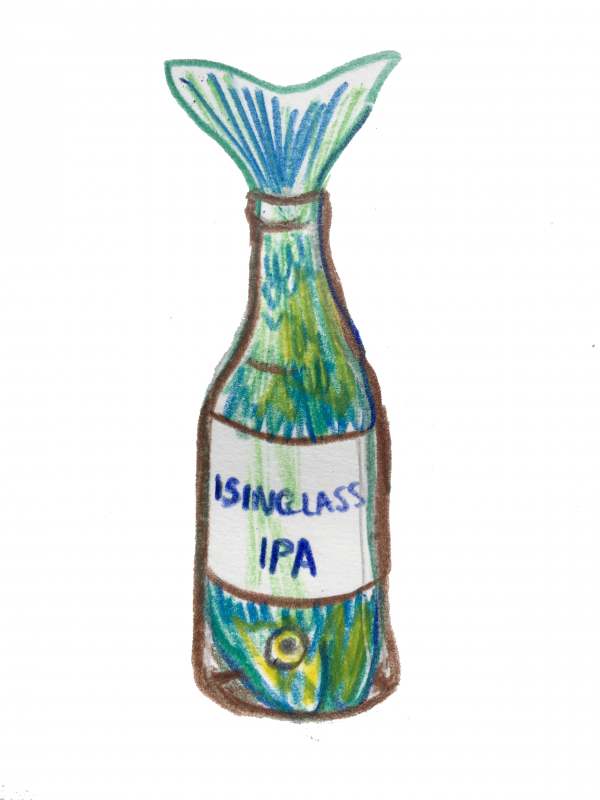 Drawing of a fish in a bottle of beer with isinglass label