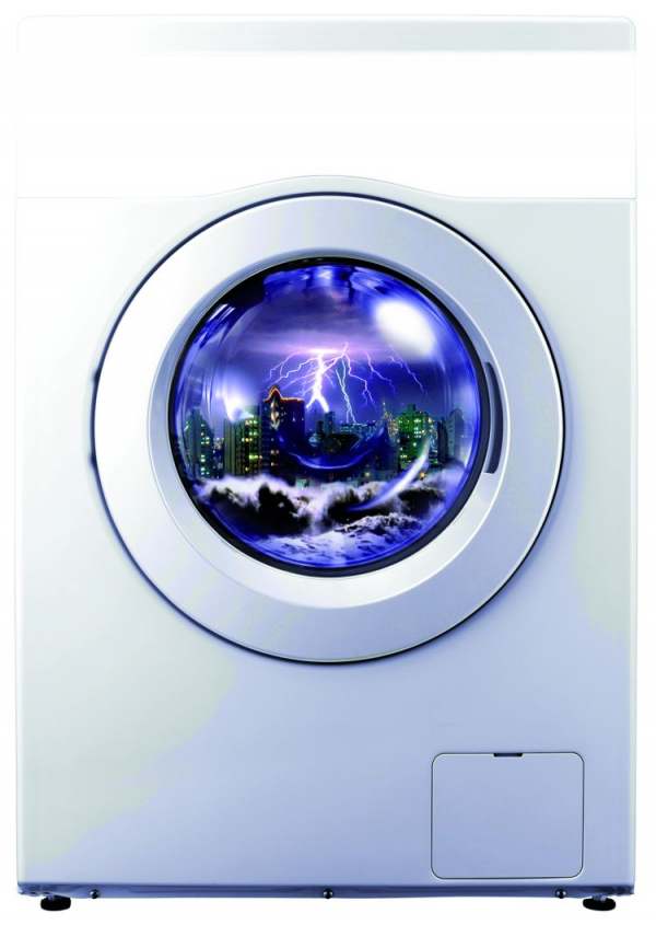 Washing machine with dramatic weather image in glass window