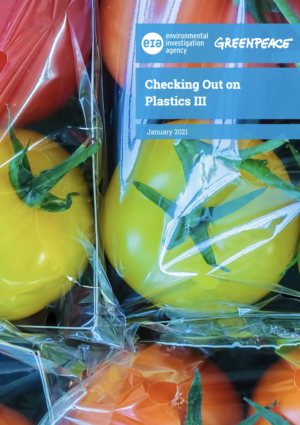 Cover of report on plastics in supermarket with tomatoes under clear plastic