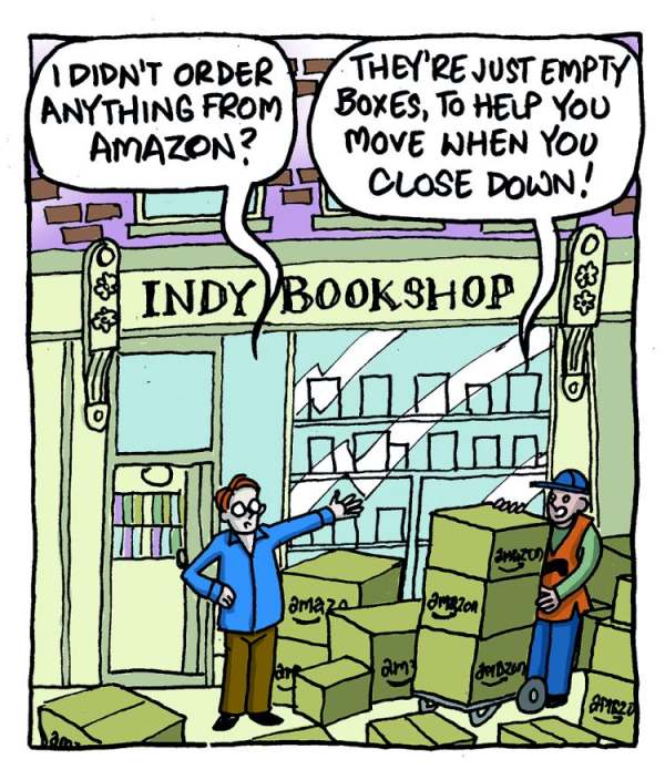 Cartoon of independent bookshop with delivery of empty Amazon boxes