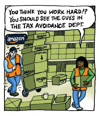 Cartoon drawing of workers in Amazon warehouse