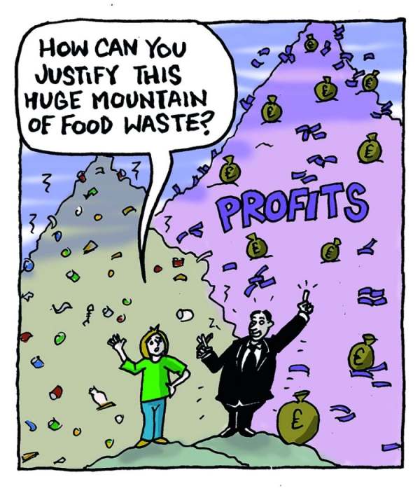 Cartoon about food waste and large profits for supermarkets