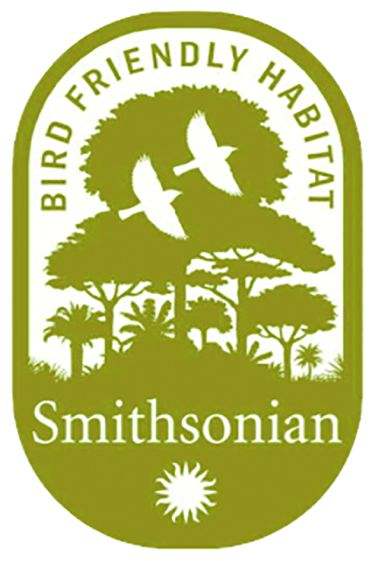 Logo of Bird Friendly Habitat certification - by the Smithsonian. Outline of two birds over canopy of trees.