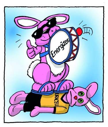 Cartoon of Duracell bunny underneath Energizer bunny