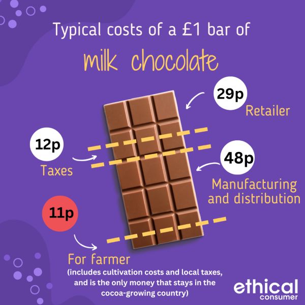 Infographic of typical costs of a £1 bar of milk chocolate. Text and numbers are in the article.