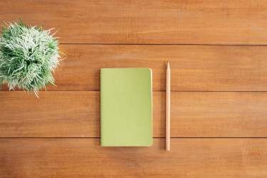 Green notepad and pencil on wooden table with plant