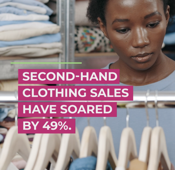 Person looking at clothes. Wording: Seconhand clothing sales have soared by 49%