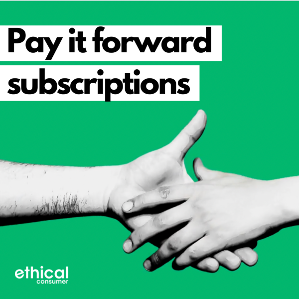Two hands shaking. Text: Pay it forward subscriptions.