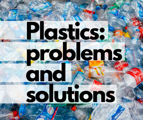 Plastic bottles, with title 'Plastics: problems and solutions'