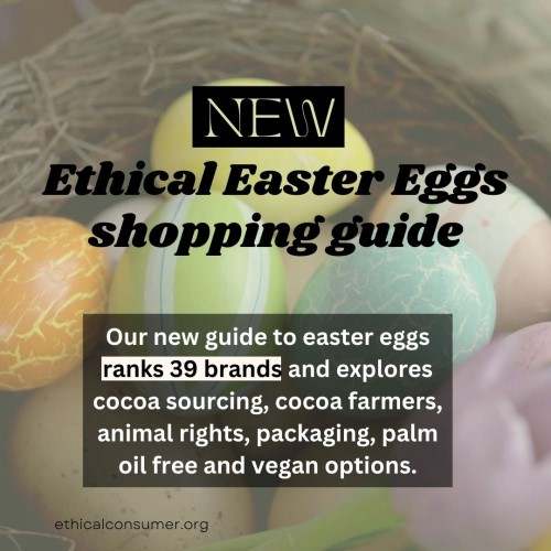 Ethical Easter egg shopping guide. Text over basket of coloured eggs.