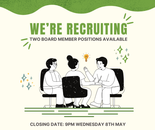 Drawing of three people sitting around a table. Wording 'we're recruiting'