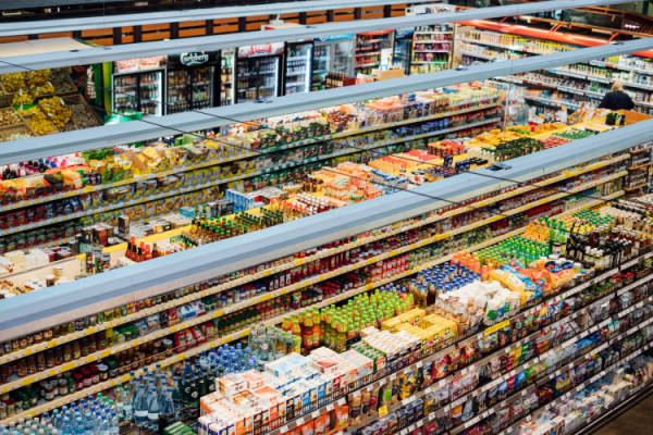 Aerial view of supermarket shelves and fresh produce