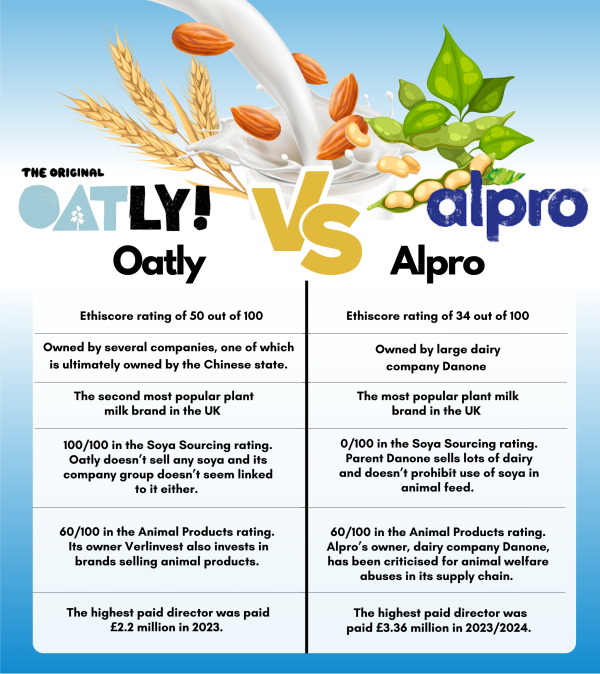 Infographic about Alpro and Oatly plant milks. All information is in the linked guide.