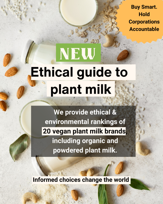 Background of plant milks in bottles, raw almonds and text over top - new guide to ethical plant milk