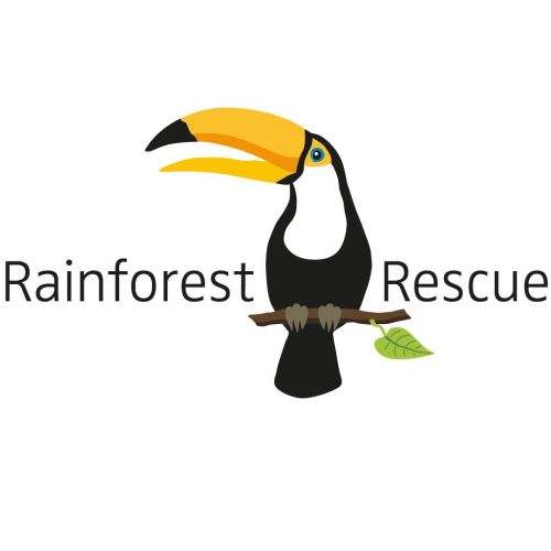 Logo of Rainforest Rescue - drawing of a tropical bird on a branch