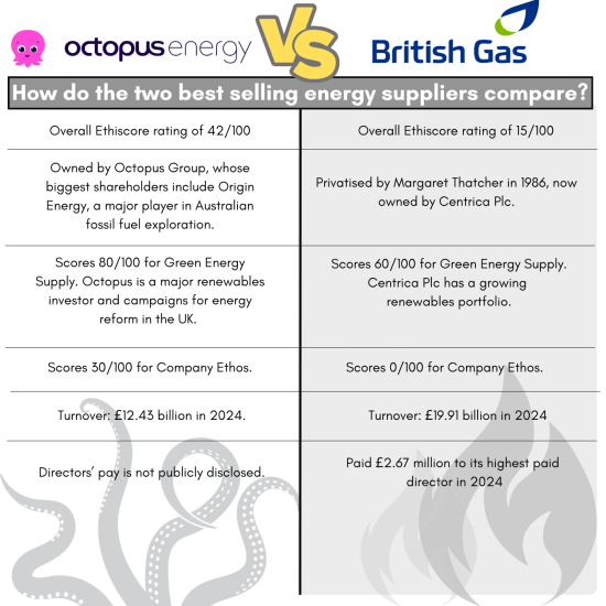 Table comparing ethical ratings for British Gas and Octopus