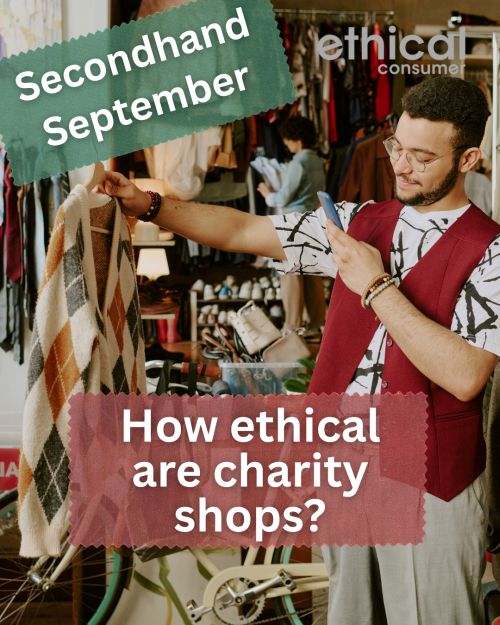 Man holdiing jumper up in shop and taking picture of it