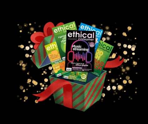 Covers of Ethical Consumer magazine coming out of a gift box