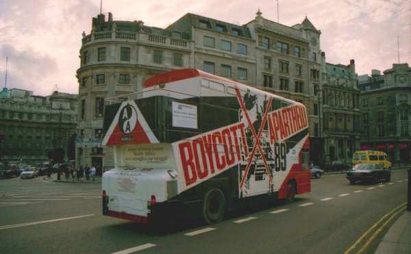 Double decker bus in London with 'Boycott Apartheid' branding on the side